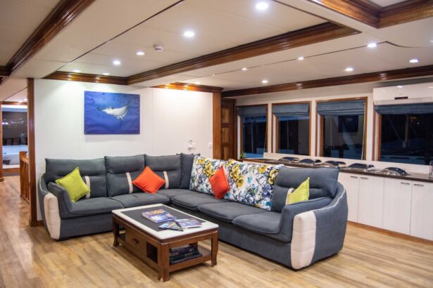 Sectional sofa and coffee table in the Emperor Virgo's air conditioned lounge