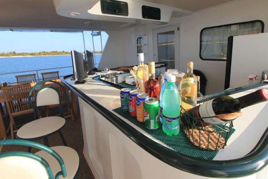 Drinks and wine set out on a bar counter aboard the Avalon fleet