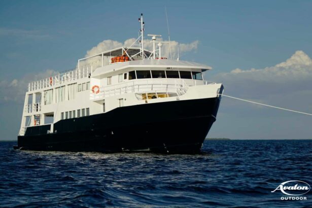 The Jardines Avalon III liveaboard anchored against a cloudy sky
