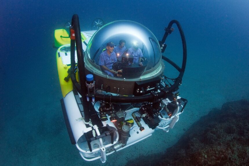 The DeepSee submersible descends underwater carrying passengers viewing the reef