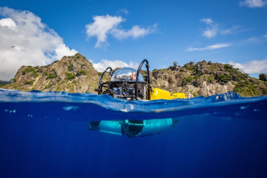 The DeepSee submersible floats at the surface near Cocos Island's rocky coastline