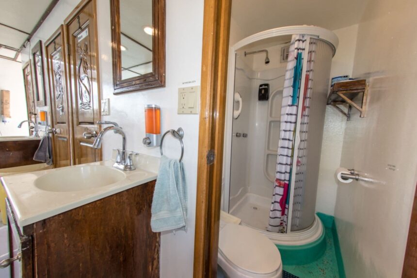 A compact ensuite bathroom with a curved shower stall aboard the boat