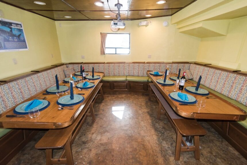 Dining tables set with blue plates and wine bottles in the salon