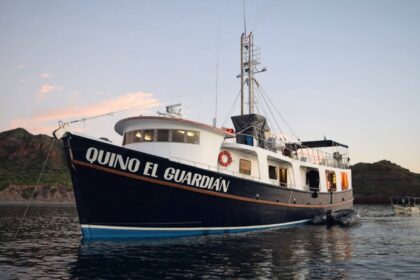 Quino el Guardian liveaboard boat anchored near mountains at dusk
