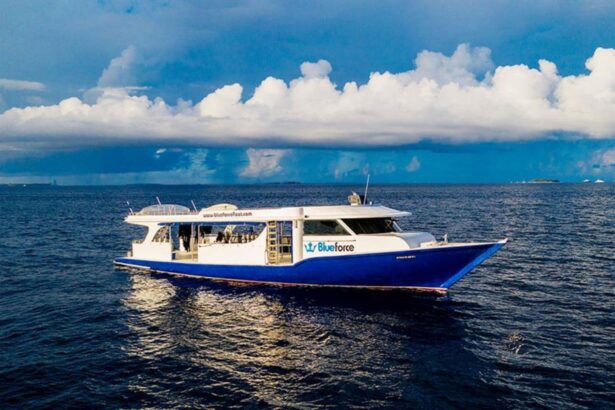 Side view of the Blue Force fleet dive tender cruising on calm water