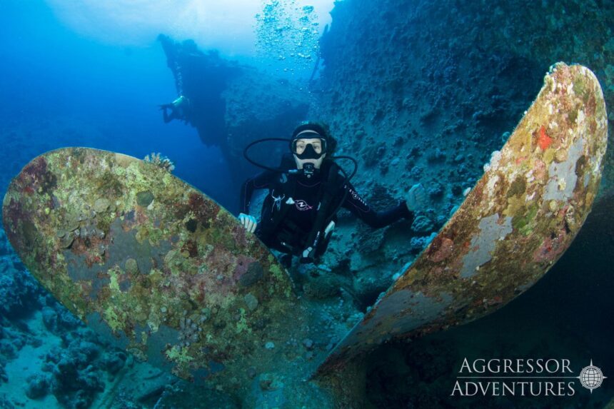 Diver exploring the SS Thistlegorm wreck near a corroded ship propeller