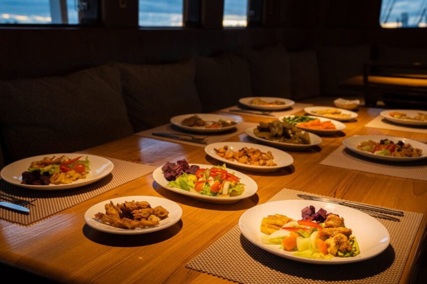 Plates of grilled meat and salad served on the Pindito's dining table