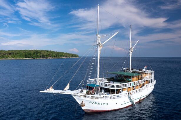 Pindito liveaboard, a two-masted phinisi schooner, anchored off a tropical island