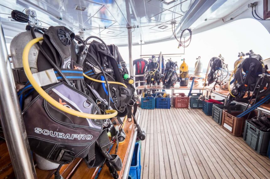 Rows of scuba diving gear and BCDs set up on the Emperor Asmaa's dive deck