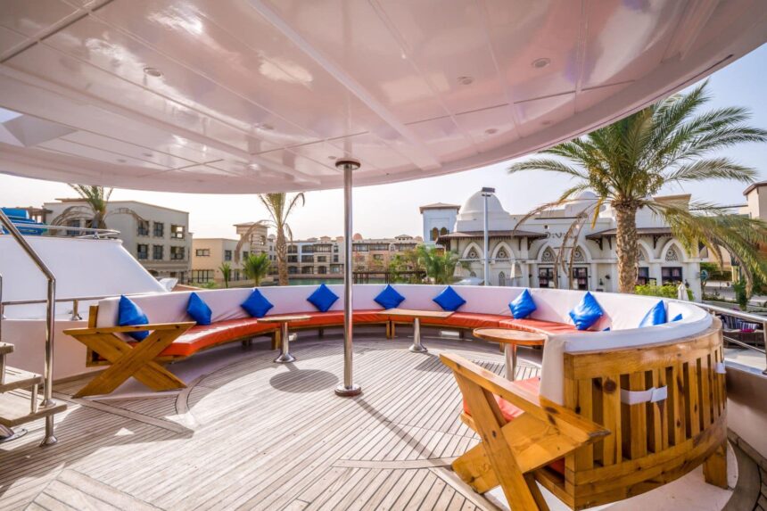 Curved outdoor lounge seating on the Emperor Asmaa's sun deck
