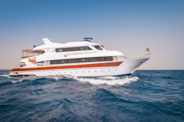 The Emperor Asmaa liveaboard cruising the Red Sea with its bow cutting through waves