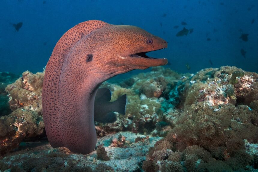Giant moray eel peering out from a coral reef
