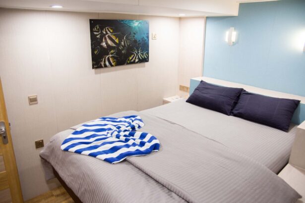 Cabin aboard the Emperor Serenity with a blue accent wall and fish artwork