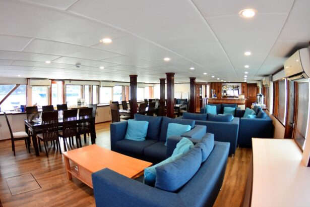 Lounge and dining area aboard the Emperor Leo with sofas and a bar