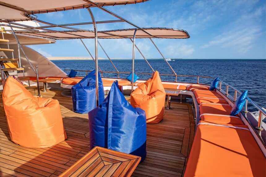 Orange and blue bean bag loungers on the Emperor Superior's sun deck