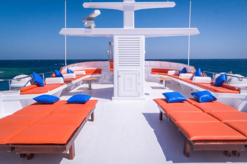 Orange sun loungers with blue pillows on the Emperor Superior's upper deck