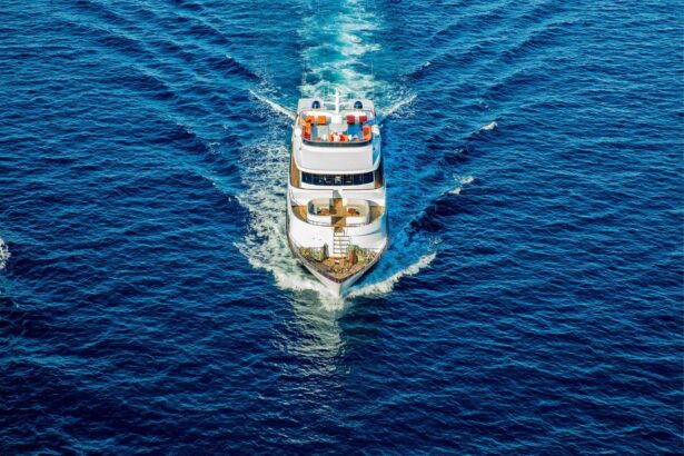 Aerial view of the Emperor Superior cruising with a wide wake behind it