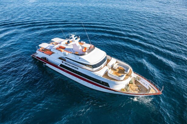 Aerial view of the Emperor Superior liveaboard underway at sea