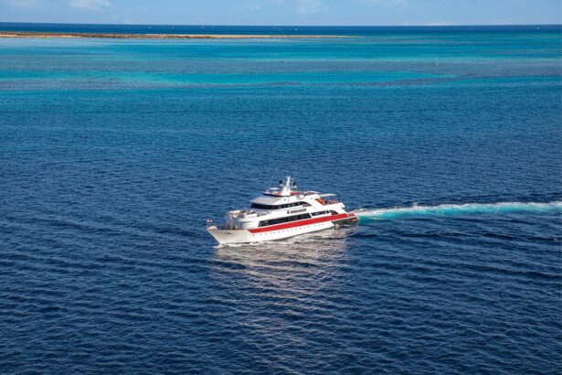Aerial view of the Emperor Superior cruising past a distant sandbar