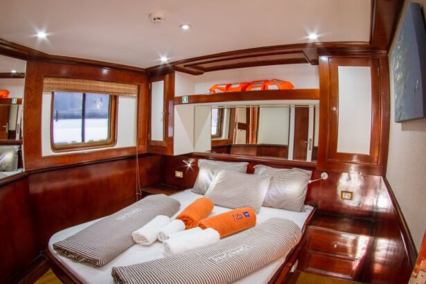 Double bed cabin aboard the Emperor Superior with folded towel swans and mirrored wardrobe