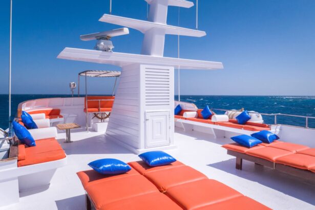 Orange sun loungers with blue pillows on the Emperor Superior's mast deck