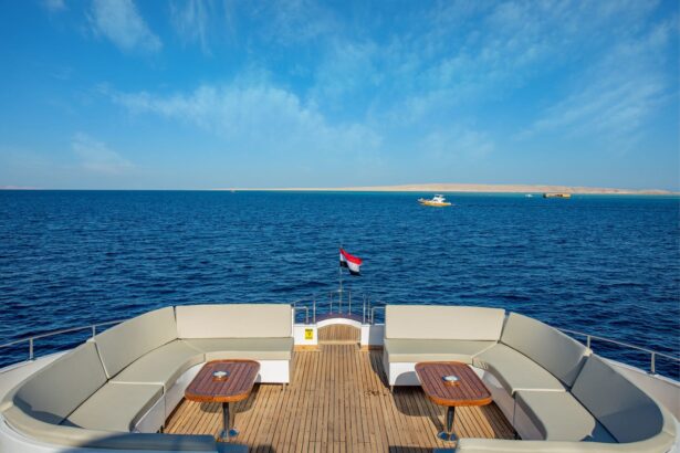 Bow lounge seating aboard the Emperor Superior overlooking the Red Sea coastline