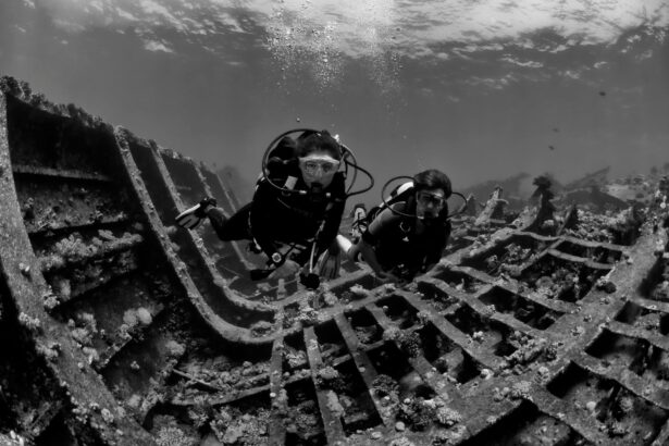 Divers exploring the ribs of a sunken wreck in the Red Sea