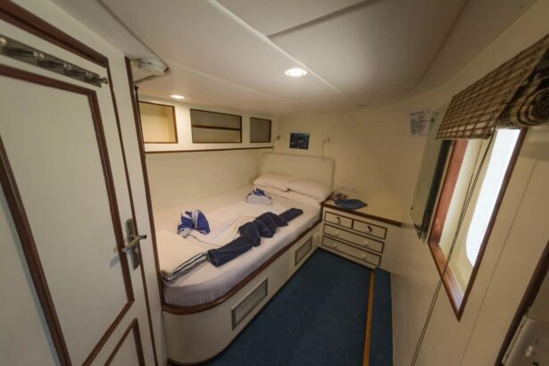Twin cabin with a made-up bed and folded towels aboard the Blue Voyager