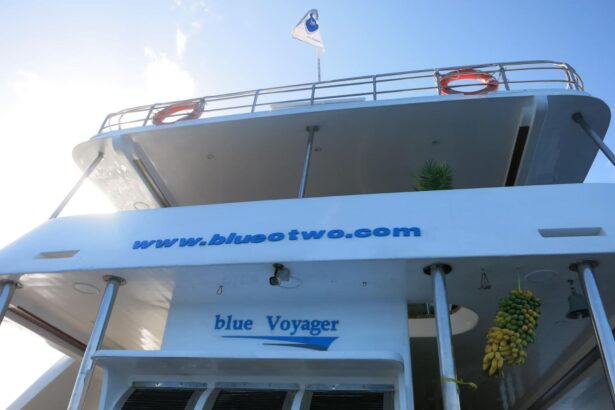 Bow of the Blue Voyager liveaboard with its name and flag against a blue sky