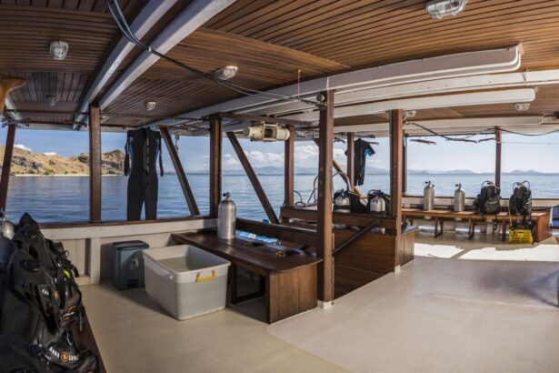 Cabin aboard the Ambai with sliding door open to a single bed and ocean view window