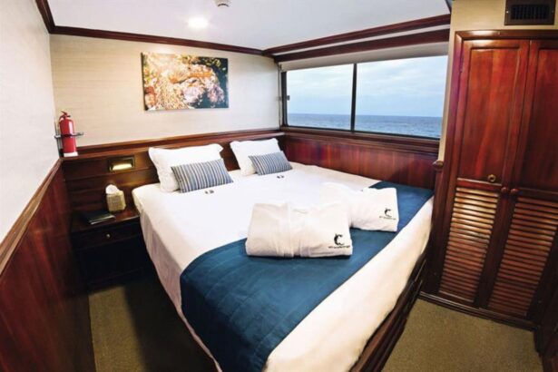 cabin with a large bed, folded bathrobes, and ocean view window on the Galapagos Sky