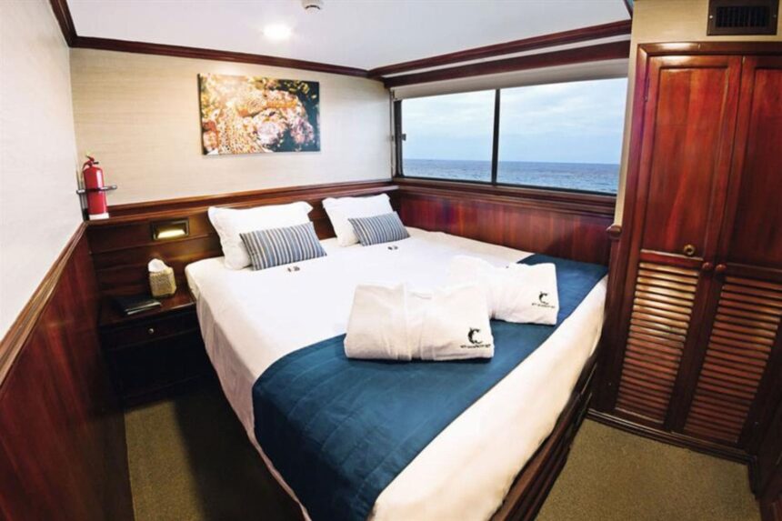 cabin with a large bed, folded bathrobes, and ocean view window on the Galapagos Sky
