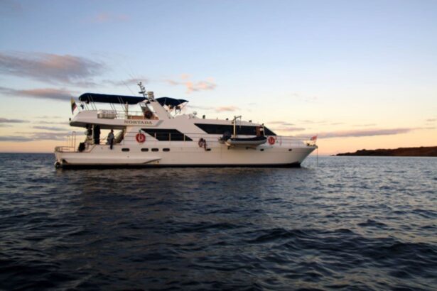the Nortada liveaboard anchored at dusk with hills in the background