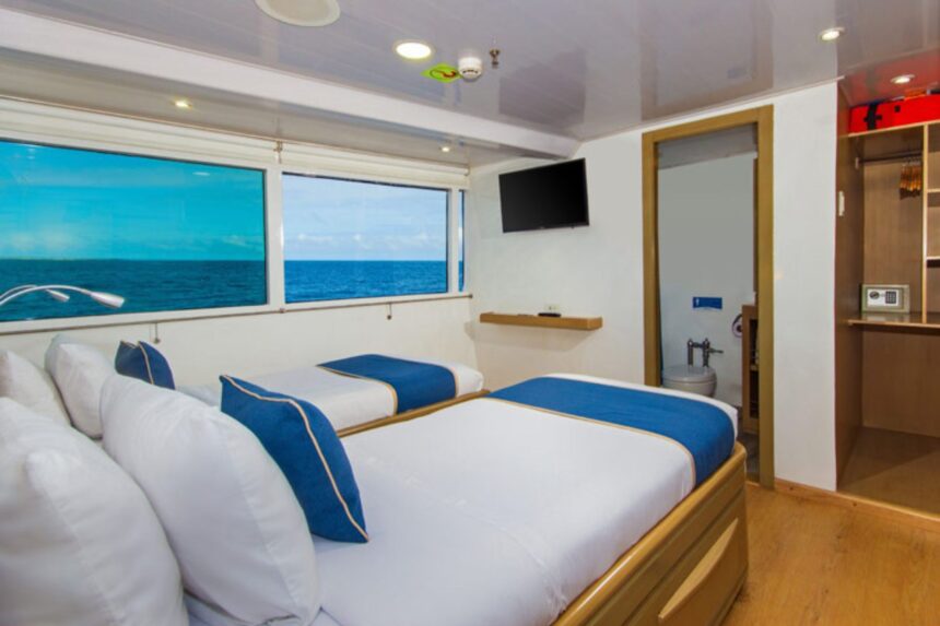 a Calipso twin cabin with ocean-view windows and blue bedding