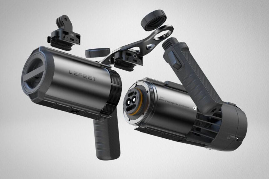 LEFEET P1 underwater scooter shown split into its modular motor, battery and handle parts