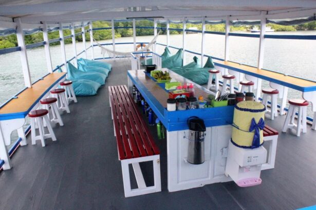 Snacks and drinks set out on the Epica liveaboard's dining bar with bean bag seating nearby
