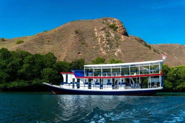 The Epica liveaboard cruising past a rocky hillside in Raja Ampat