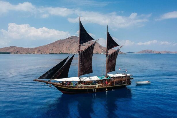 The Jaya traditional phinisi sailing schooner with dark sails against blue water and hills