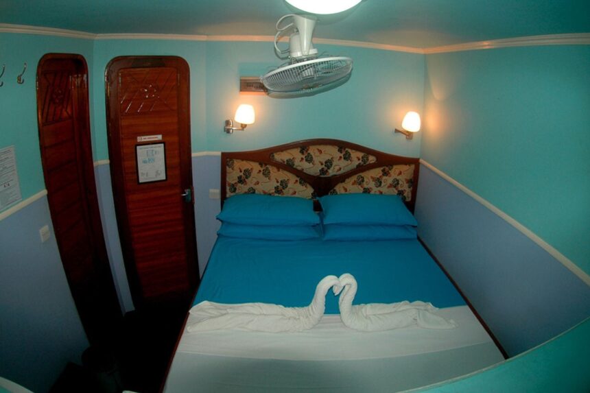 Blue-themed cabin aboard the Manthiri with a floral headboard bed and swan towel art