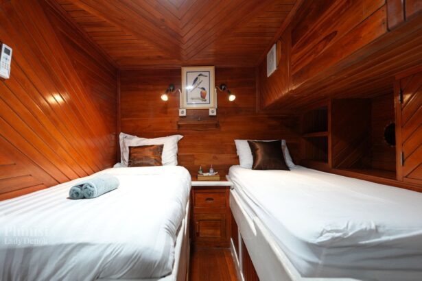 twin cabin with wood paneling and framed art aboard Lady Denok