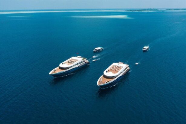 Aerial view of two liveaboard yachts sailing together with tender boats trailing behind