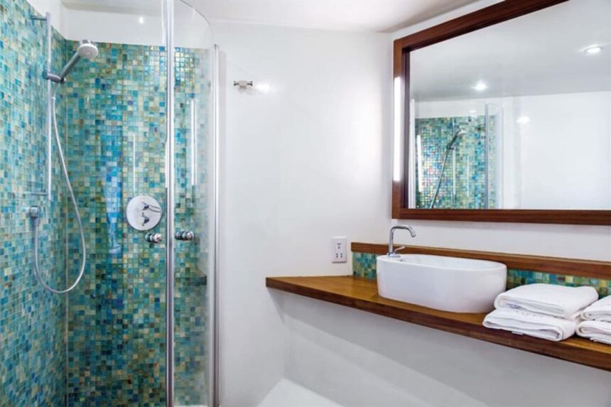 Ensuite bathroom aboard Scubaspa Yang with a mosaic tile shower
