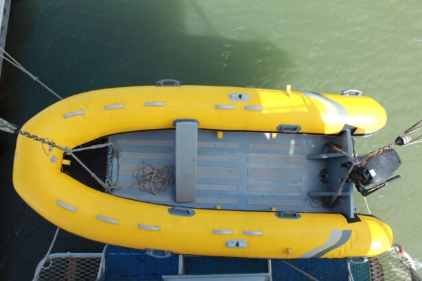 Aerial view of a yellow tender boat lowered beside MV SeaEsta
