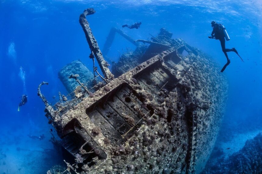 Divers exploring a large encrusted shipwreck in the Red Sea
