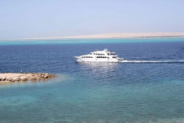 Aerial view of the Aphrodite liveaboard passing a sandy coastline