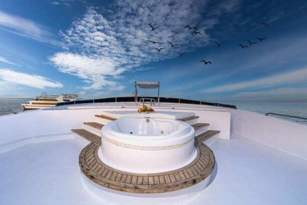 Jacuzzi hot tub on the top deck of the Aphrodite with birds flying overhead