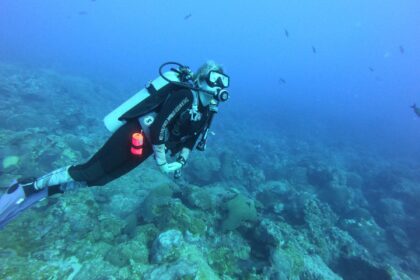 DIVEIN tester diving over a rocky reef in the Sherwood Scuba Marine Conservation wetsuit