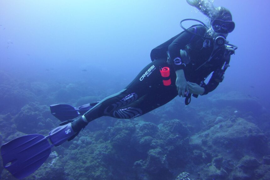 Cressi Bahia Flex Wetsuit Underwater DIVEIN tester diving in the Cressi Bahia Flex wetsuit with blue fins above a rocky reef