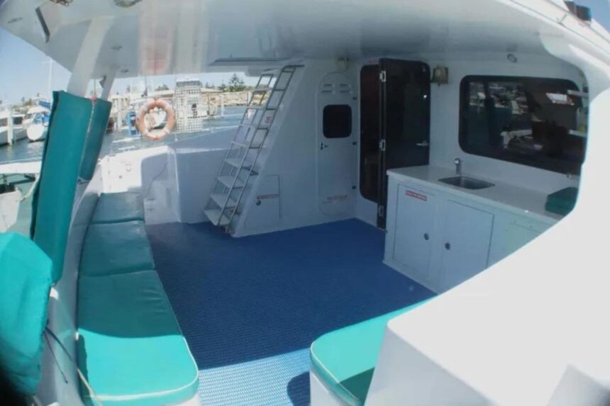 The aft cockpit and galley area of the Shore Thing catamaran