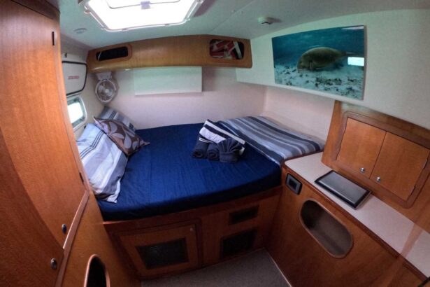 A cabin bedroom aboard the Shore Thing with a blue bed and turtle wall art